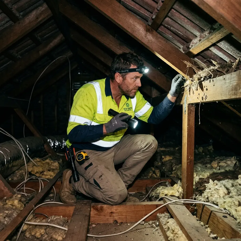 Technician inspecting a roof cavity for a dead animal in Lynbrook