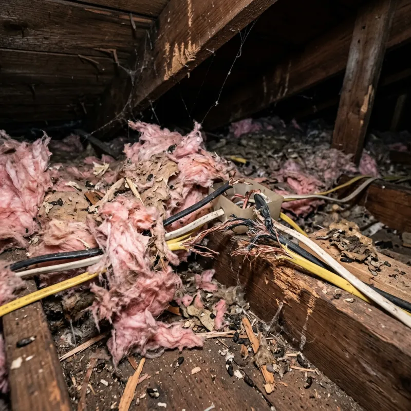 Contaminated ceiling insulation being assessed in a Lynbrook roof space