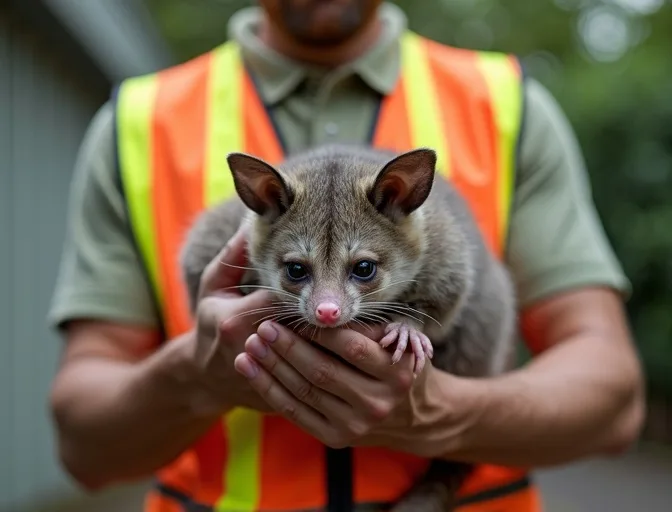 Animal handler safely recovering a deceased possum in Lynbrook