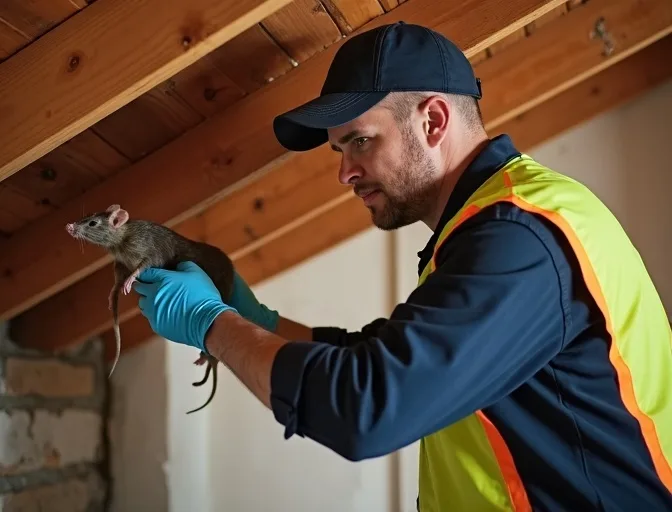 Technician inspecting a roof cavity for a dead rat in Lynbrook